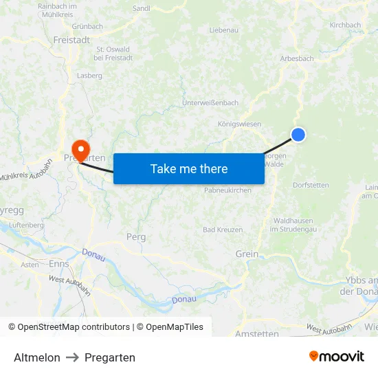 Altmelon to Pregarten map