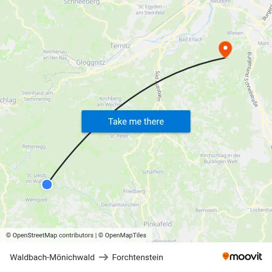 Waldbach-Mönichwald to Forchtenstein map