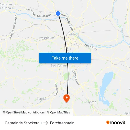 Gemeinde Stockerau to Forchtenstein map
