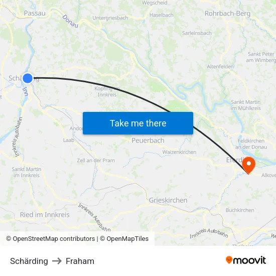 Schärding to Fraham map