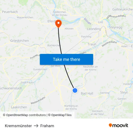 Kremsmünster to Fraham map