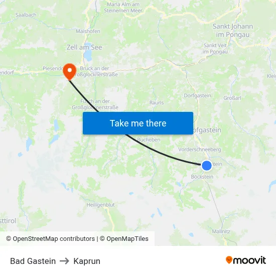 Bad Gastein to Kaprun map