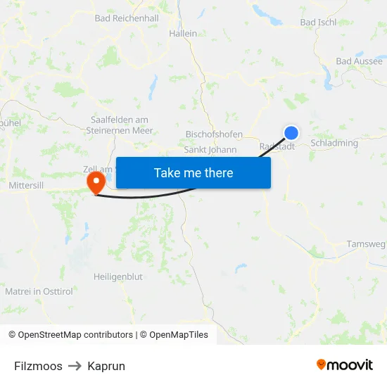 Filzmoos to Kaprun map