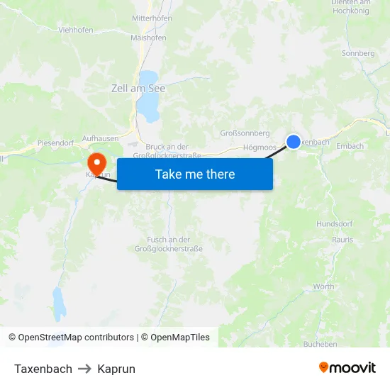 Taxenbach to Kaprun map