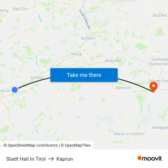 Stadt Hall In Tirol to Kaprun map