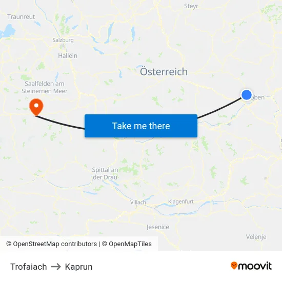 Trofaiach to Kaprun map