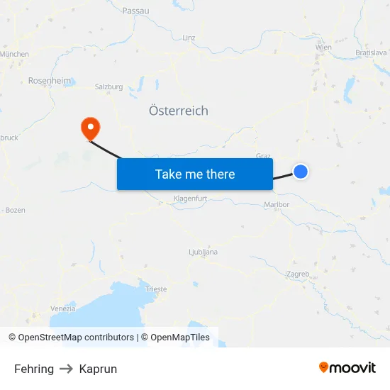 Fehring to Kaprun map