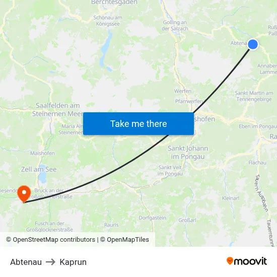 Abtenau to Kaprun map