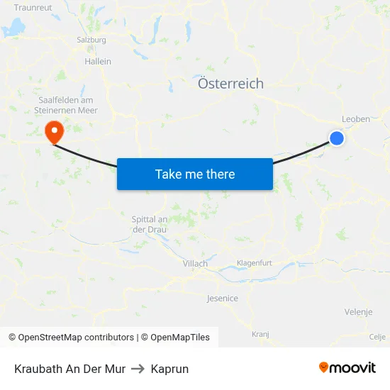 Kraubath An Der Mur to Kaprun map