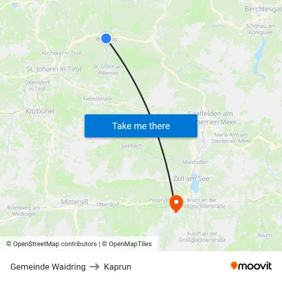 Gemeinde Waidring to Kaprun map