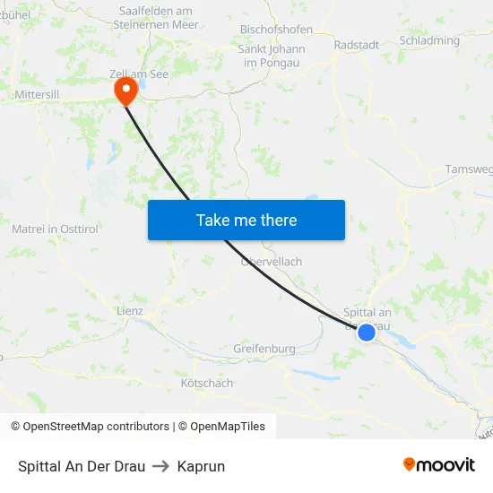 Spittal An Der Drau to Kaprun map
