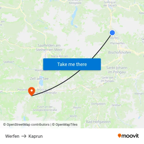 Werfen to Kaprun map
