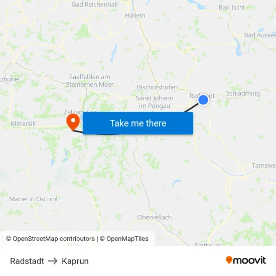 Radstadt to Kaprun map