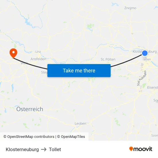 Klosterneuburg to Tollet map
