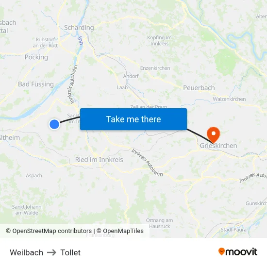 Weilbach to Tollet map