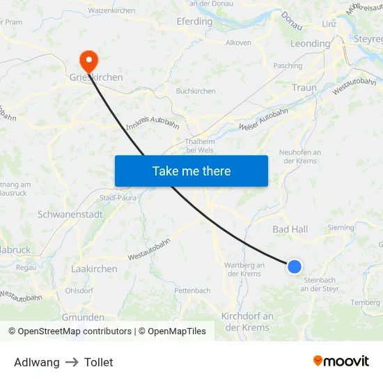 Adlwang to Tollet map