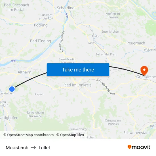 Moosbach to Tollet map