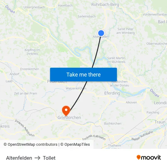 Altenfelden to Tollet map