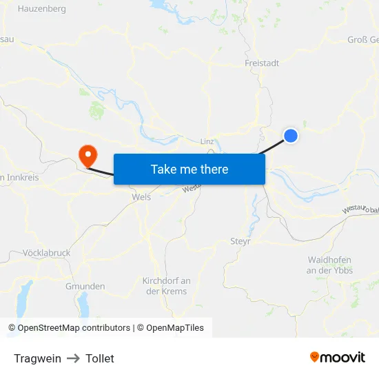 Tragwein to Tollet map