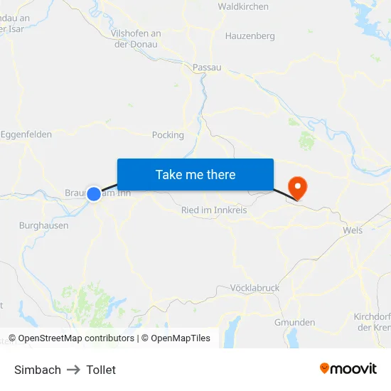 Simbach to Tollet map