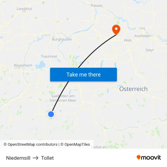Niedernsill to Tollet map