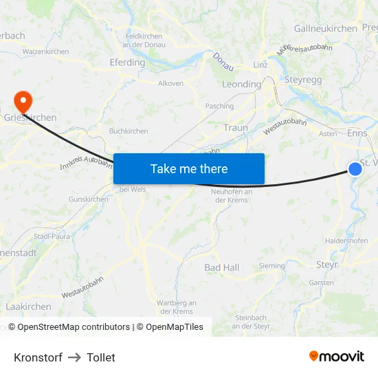 Kronstorf to Tollet map