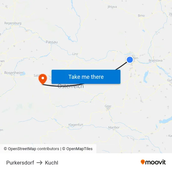 Purkersdorf to Kuchl map