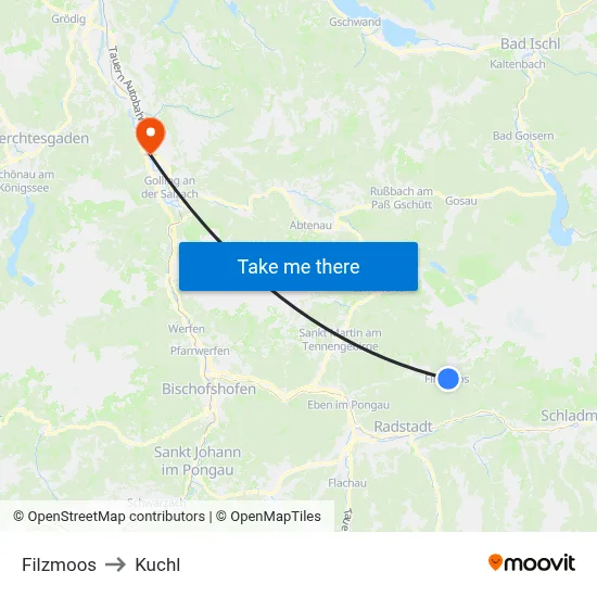 Filzmoos to Kuchl map