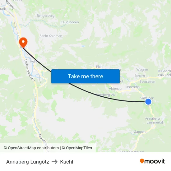 Annaberg-Lungötz to Kuchl map