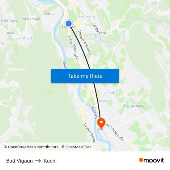 Bad Vigaun to Kuchl map
