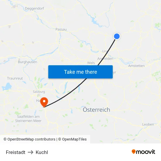 Freistadt to Kuchl map