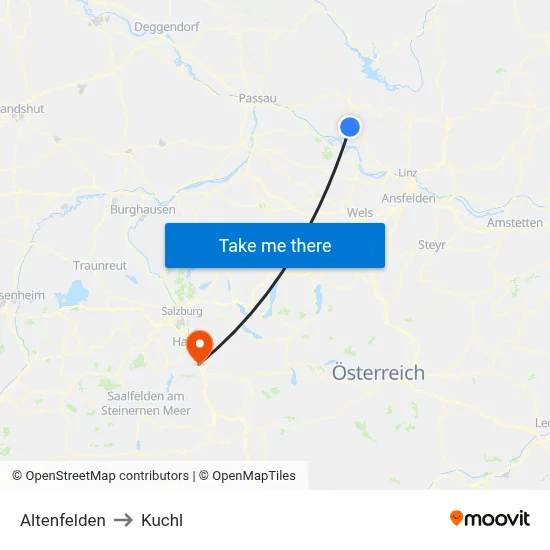 Altenfelden to Kuchl map
