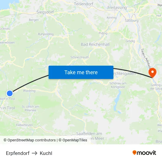 Erpfendorf to Kuchl map