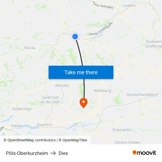 Pöls-Oberkurzheim to Diex map