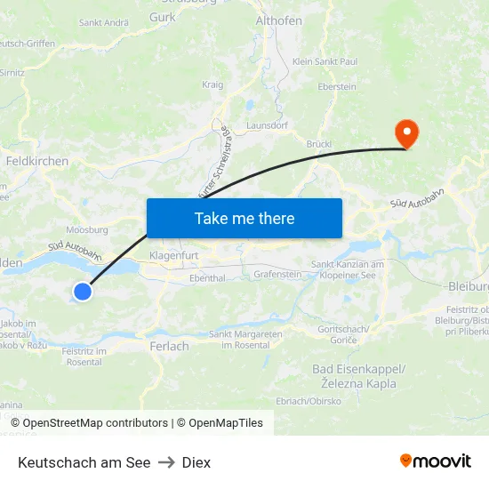 Keutschach am See to Diex map