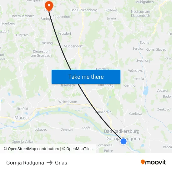 Gornja Radgona to Gnas map