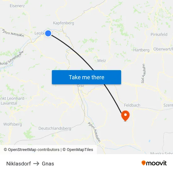 Niklasdorf to Gnas map
