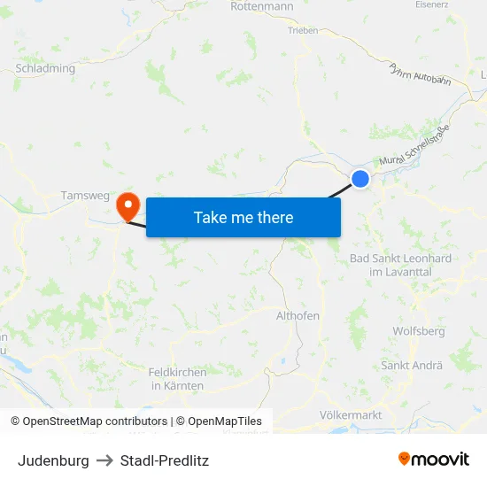 Judenburg to Stadl-Predlitz map
