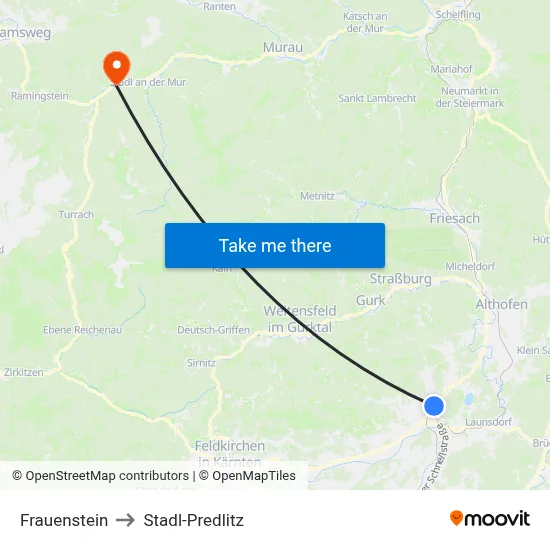Frauenstein to Stadl-Predlitz map