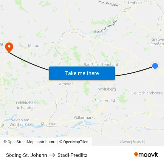 Söding-St. Johann to Stadl-Predlitz map
