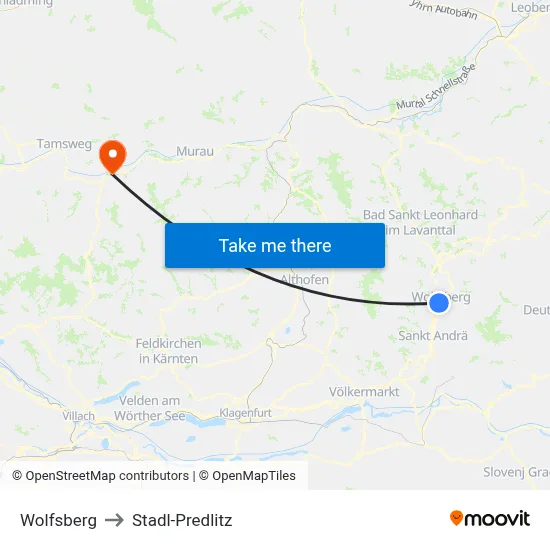Wolfsberg to Stadl-Predlitz map