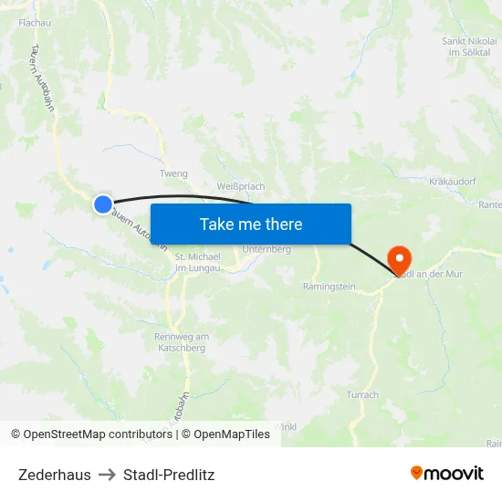Zederhaus to Stadl-Predlitz map