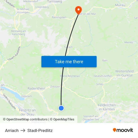Arriach to Stadl-Predlitz map