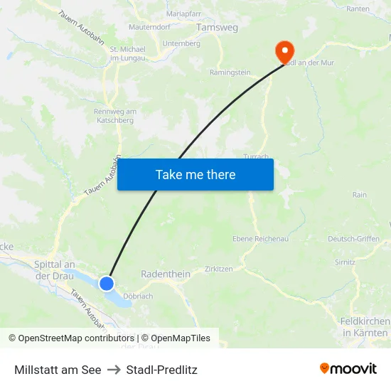 Millstatt am See to Stadl-Predlitz map