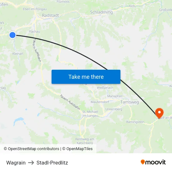 Wagrain to Stadl-Predlitz map