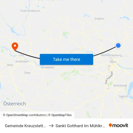 Gemeinde Kreuzstetten to Sankt Gotthard Im Mühlkreis map