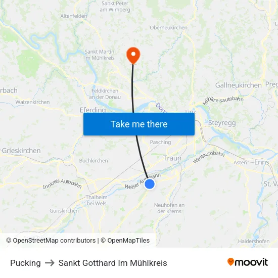 Pucking to Sankt Gotthard Im Mühlkreis map