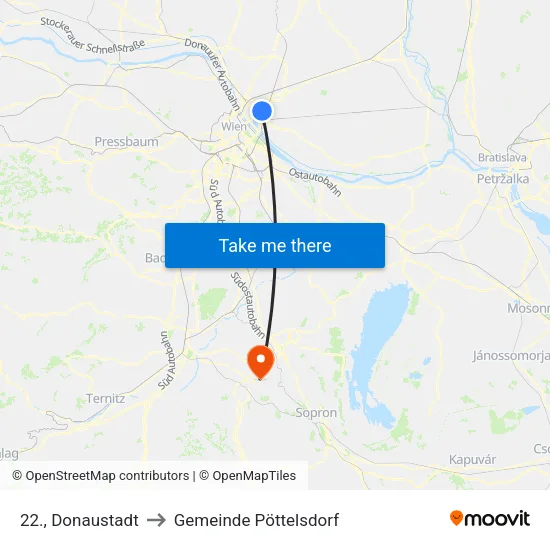 22., Donaustadt to Gemeinde Pöttelsdorf map