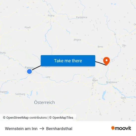 Wernstein am Inn to Bernhardsthal map