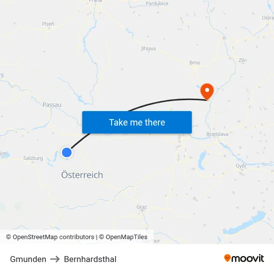 Gmunden to Bernhardsthal map